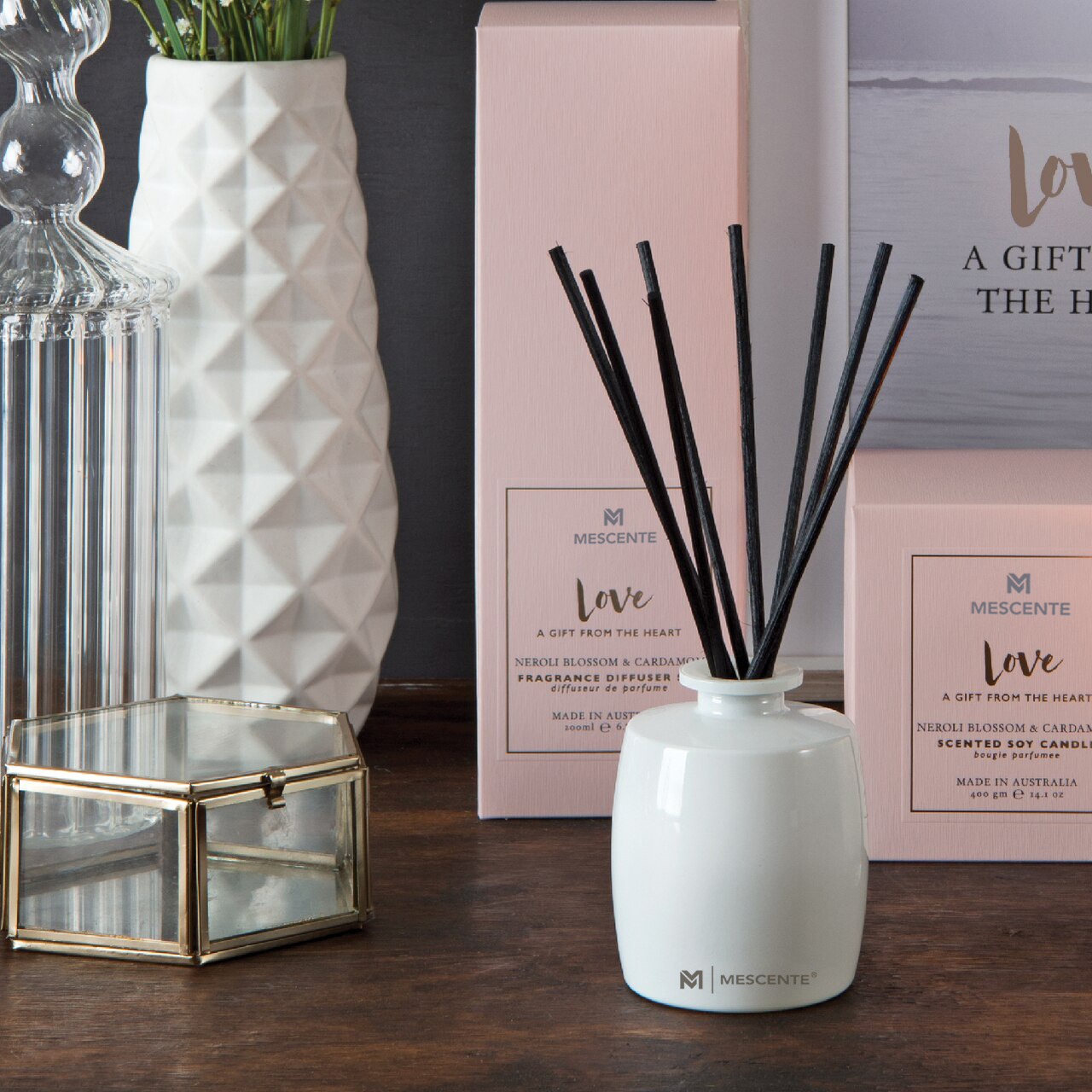 Veľká sklenená fľaša M&Scent Home Essentials Aroma trstinový difuzér darčeková sada s ratanovými tyčinkami