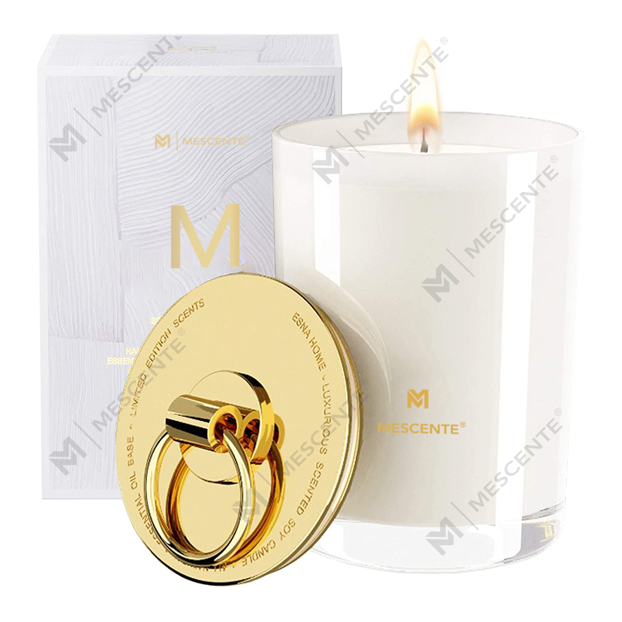 Luxusné svadobné vonné sviečky s logom M&Scent v bielom sójovom vosku, táborová sviečka na mieru